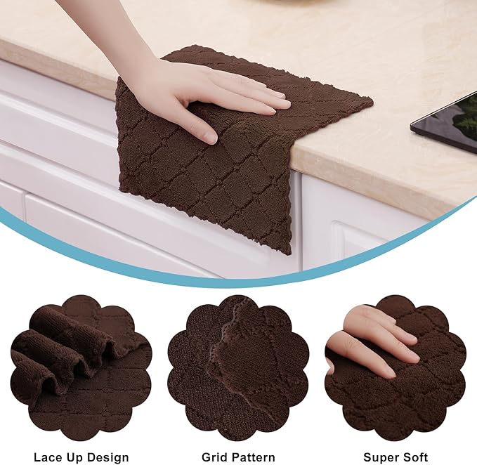 Homaxy 12 Pack Kitchen Dish Cloths (10 x 10 Inches, Brown), Super Soft and Absorbent Coral Velvet Dish Towels, Nonstick Oil Fast Drying Microfiber Cleaning Cloth, No Lint Household Dishcloths