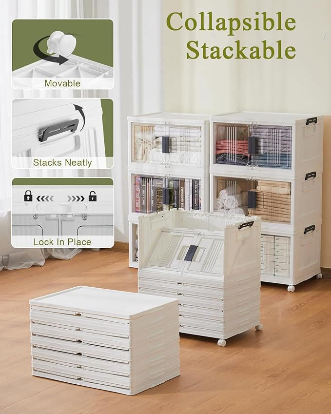 OlarHike 48QT Stackable Storage Bins with Lids - Folding Storage Boxes with Doors and Wheels, Collapsible Plastic Storage Organizer for Closets, Storage and Organization, 6 Pack Cubes