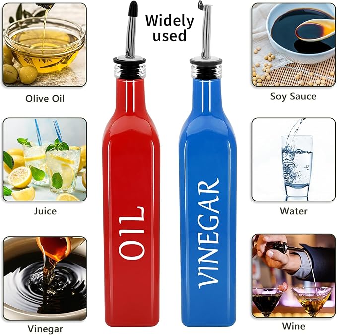 Olive Oil Dispenser Bottle,2 Pcs 17oz 500ml Glass O il and Vinegar Dispenser Set with 2 Stainless Steel Pourers, 8 Labels,Funnel Vinegar Bottles for Kitchen (Red Oil & Blue Vinegar)