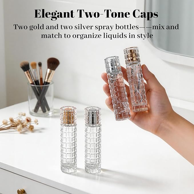 30ml Glass Spray Bottles 4Pcs, 5.1"x1.1"x1.1" Refillable olive oil Atomiser Perfume Atomizer for Home Bar, Kitchen, Travel & DIY (Gold & Silver Nozzles)