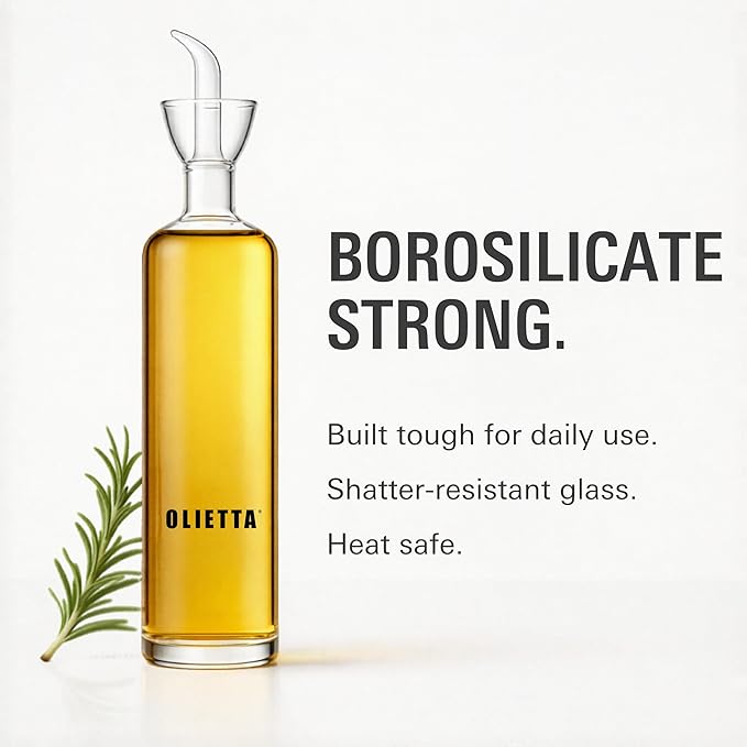 Olietta Olive Oil Dispenser Bottle Borosilicate Glass - Non Drip Oil Dispenser for Kitchen, Leak Proof Vinegar Drizzler Cruet, Easy Clean, 17 Ounces, Modern