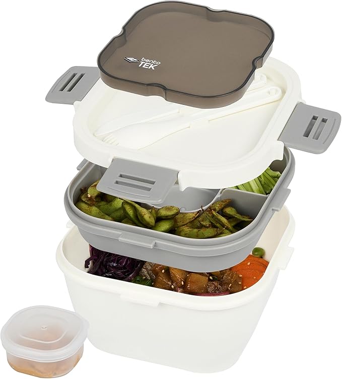 Restaurantware-Bento Tek 57.5 Ounce Bento Box, 1 Reusable Lunch Container - With Fork And Knife, Does Not Contain BPA, White And Gray Plastic Reusable Lunch Box, Microwavable, Dishwashable