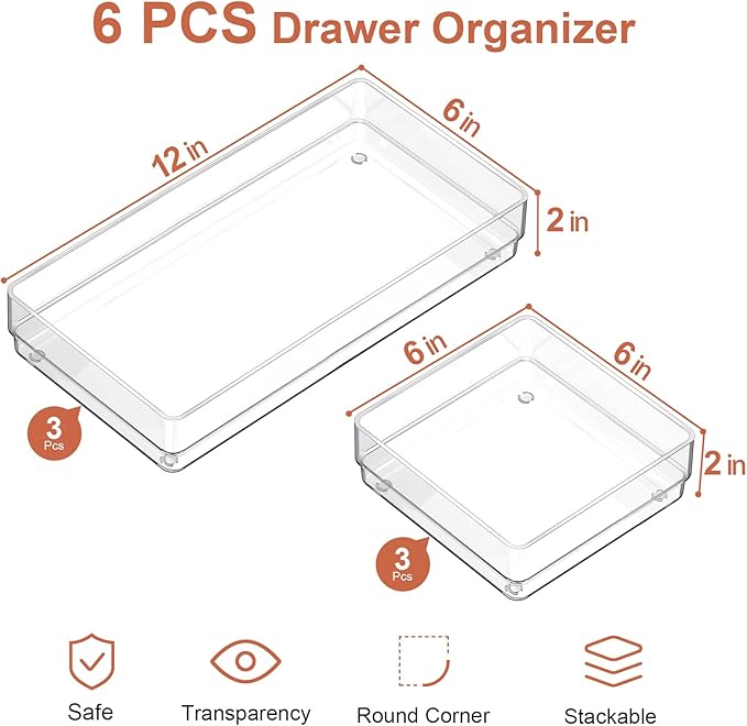 SMARTAKE 6 PCS Clear Plastic Drawer Organizers Set, Large Size Non-Slip Desk Drawer Organizer