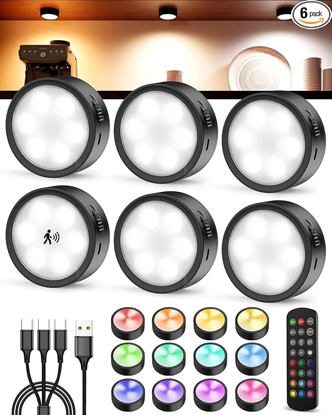 Rechargeable Puck Lights with Remote Control, Black 2400mAh Radar Motion Sensor RGB Under Cabinet Lighting Battery, Magnetic Color Changing Night Lights for Shelf, Showcase, Bookcase, Pantry, Wardrobe