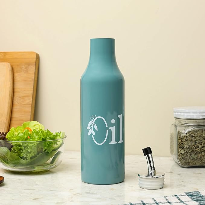 dudki 1 Litre Stainless Steel Oil Dispenser Bottle | Durable Metal Oil Pourer with Secure Leak-Proof Cap and Clean No-Drip Spout | Rust-Free Kitchen Oil Container for Everyday Cooking (Moss Green)