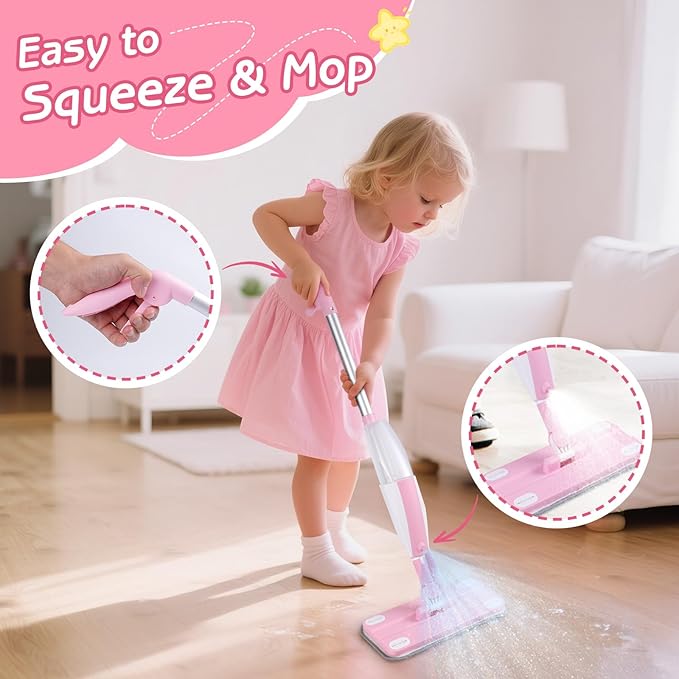 Hilsoeet Kids Spray Mop Pink, Real Working Water-Spraying Toy, Montessori Mini Mop with 2 Microfiber Washable Pads, Toddler Cleaning Set for Floor, Christmas Birthday Gifts for Age 3 4 5 6 7 8