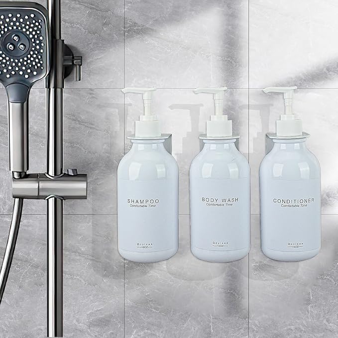 Shampoo and Conditioner Dispenser for Shower Wall 3 Chamber,Refillable Shampoo and Conditioner Bottles with Waterproof Labels,Soap Dispenser with Pumps