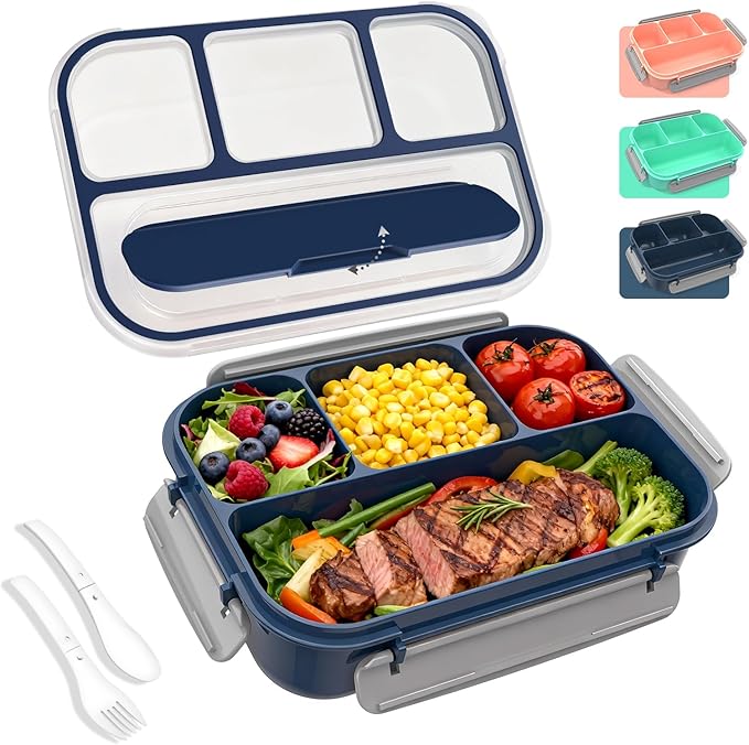 WHALEHOUSE Bento Lunch Box, 1300ML 4 Compartments Meal Prep Container with Utensil, Airtight Food Storage Container with Snap Locking Lids, Microwave/Dishwasher/Freezer Safe, On the Go