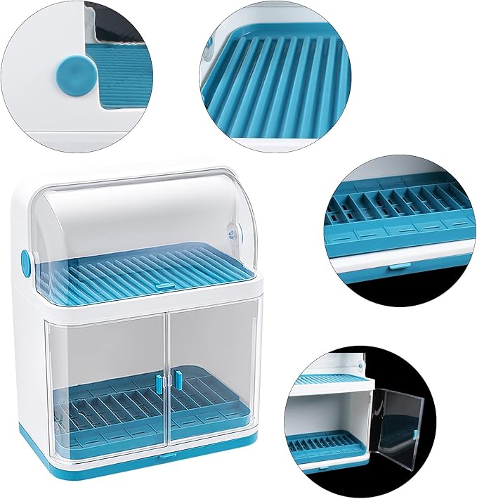 2 Tier Dish Drying Rack, Drain Board with Lid Plastic Dust Cover, Kitchen Plate Cup Dish Drying Rack, Tableware Storage Box Dishes Drain Shelf Rack Closed Holder for Home Using