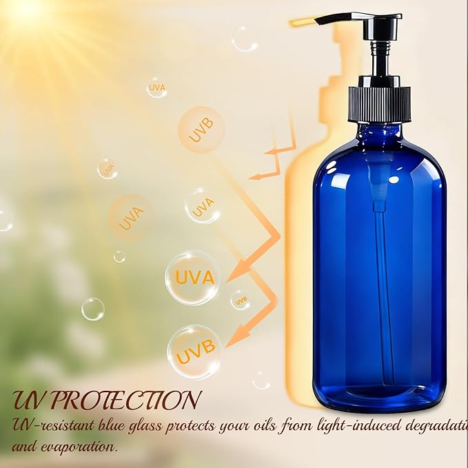 TBWIND 12 Pack 8oz Blue Glass Soap Dispenser Bottles with Pumps, Refillable Glass Bottles for Shampoo, Conditioner & Lotion, Ideal for Bathroom, Kitchen, Waterproof Labels & Funnels Included