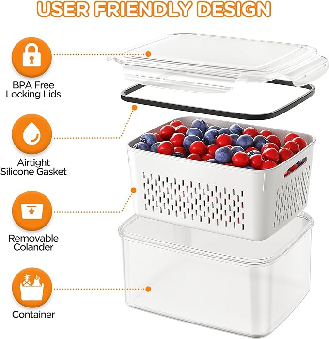 6 PCS Fruit Storage Containers for Fridge with Removable Colanders, 6 Plastic Food Storage Containers with 6 Lids