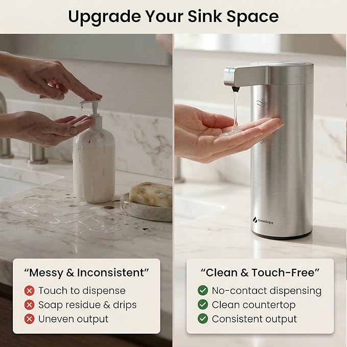 GentleJet SmoothDrop Automatic Liquid Soap Dispenser – Touchless, No-Drip Precision Pump, USB-C Rechargeable, 304 Stainless Steel, Waterproof Countertop Dispenser for Kitchen & Bathroom Sink, 270 ml