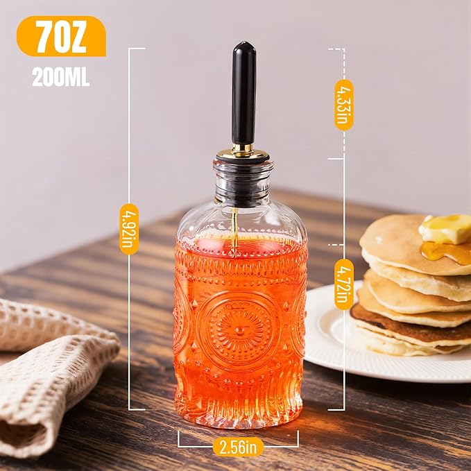 Baalaka 4-Pack Coffee Syrup Dispenser, 7 OZ/200ML Honey Dispenser, Small Syrup Bottles with Funnel & Extra Nozzles, Glass Syrup Dispenser for Coffee Shop, Home Kitchen