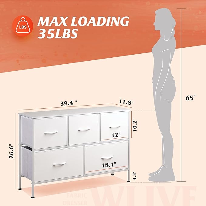 WLIVE White Dresser for Bedroom with 5 Drawers, Chest of Drawers, Fabric Small Dresser with Drawer Organizers, Storage Organizer Unit for Hallway, Entryway, Closets