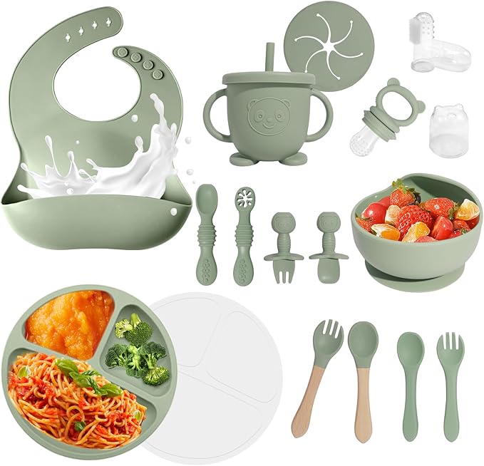 Baby Led Weaning Supplies, 17 Piece BPA-Free Silicone Feeding Set, Eating Essentials Baby Utensils with Suction Plate and Bowl, Pocket Bib