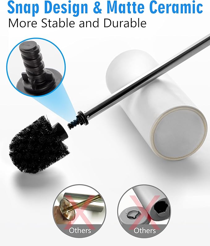 Matt White Ceramic Toilet Brush and Holder Set, Freestanding Toilet Bowl Cleaners Brush, Scrubber Brush for Toilet, Bathroom Accessories with Stainless Handle, Deep Cleaning