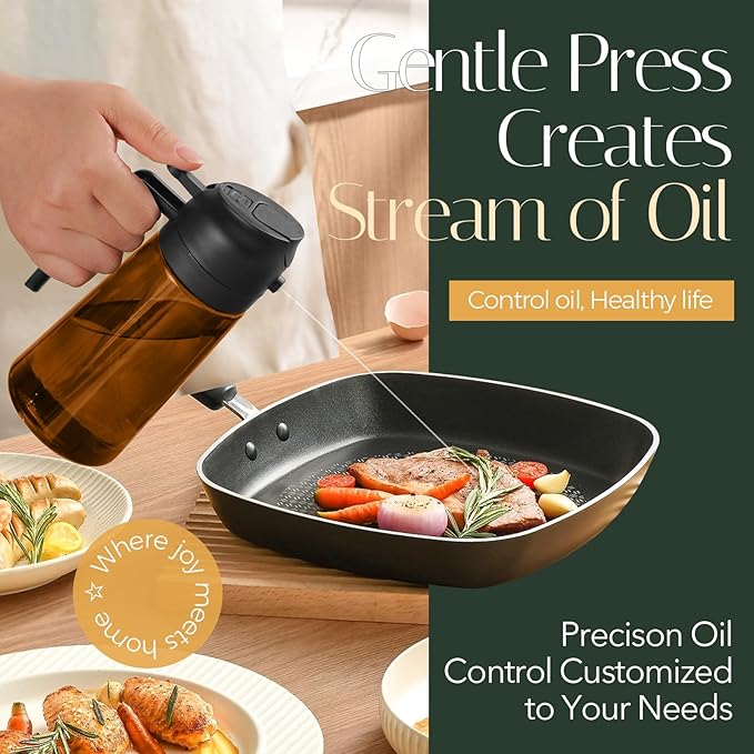 YARRAMATE 16oz/470ml Light Blocking Oil Sprayer for Cooking with Stickers, Food-Grade 2 in 1 Olive Oil Dispenser Bottle for Kitchen, Premium Dark Amber Glass Oil Bottle for Air Fryer, BBQ (Black)