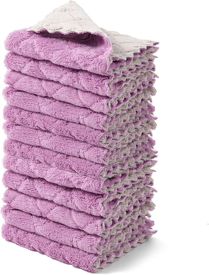 kimteny 12 Pack Dish Towels, 10x10 in Premium Dish Cloths, Super Absorbent Kitchen Towels Coral Velvet Dishcloths Nonstick Oil Fast Drying Washcloths (Purple-Grey)