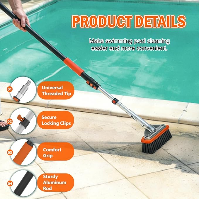 SISIUPASSIE Pool Brush Kit with Pole, Upgrade 18" Pool Brush and High-Efficiency Stainless Steel Bristles Brush with Telescopic Pole for Cleaning Pool Walls, Curved Ends, Tiles & Floors, 12 FT
