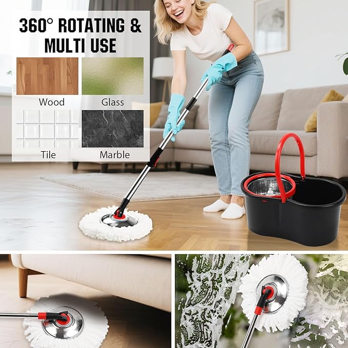 Spin Mop and Bucket with Wringer Set, 360° Spinning Mop Bucket System with 3 Microfiber Mop Replacement Heads and 51" Stainless Steel Adjustable Handle for Floor Cleaning (15QT)
