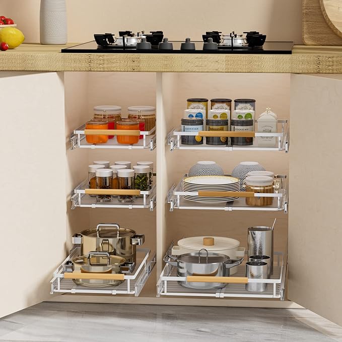 SANNO Expandable Pull Out Cabinet Organizer, Heavy Duty Under Sink Slide Out Cabinet Organizer, Pots Pans Kitchen Organizer Basket, Smooth Roll adjustable Sliding Drawer Expand to 12 to17.5, 2 Pack