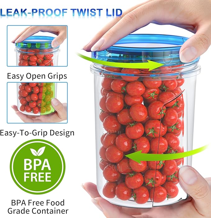[32 oz 6 Pack] Food Storage Freezer Containers Clear bottom With blue Twist Top Lids Reusable, Plastic Airtight Meal Prep Containers BPA Free