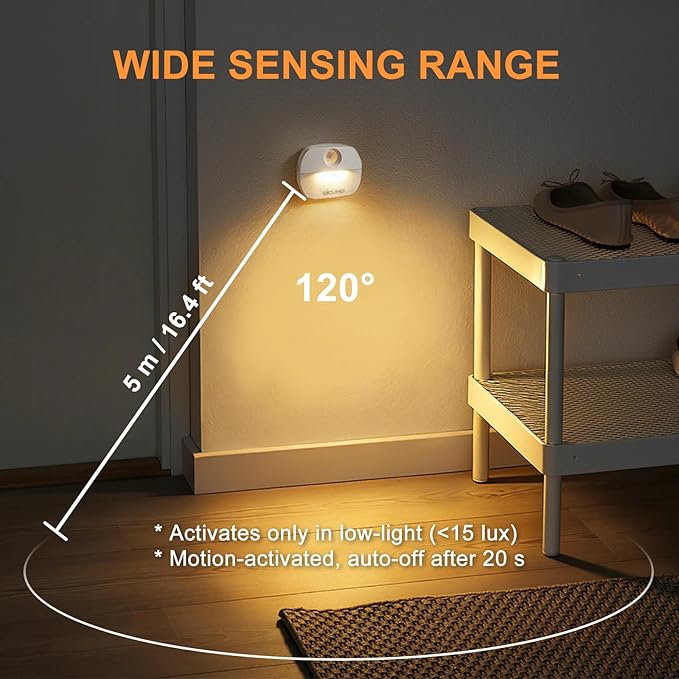 DiCUNO Motion Sensor Night Light, Stick-On Nightlight with Dusk to Dawn Sensor, 20lm, 3000K Warm White, 0.5W, Battery Operated LED Night Lights for Bedroom, Bathroom, Hallway, Stairs, 4-Pack