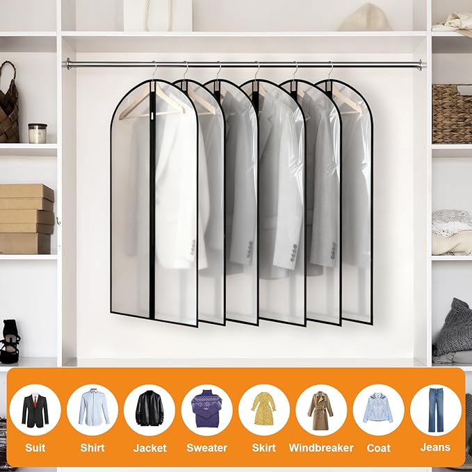 6 Pack Garment Bags 60 * 100cm, 40in PEVA Translucent Garment Covers, Jackets