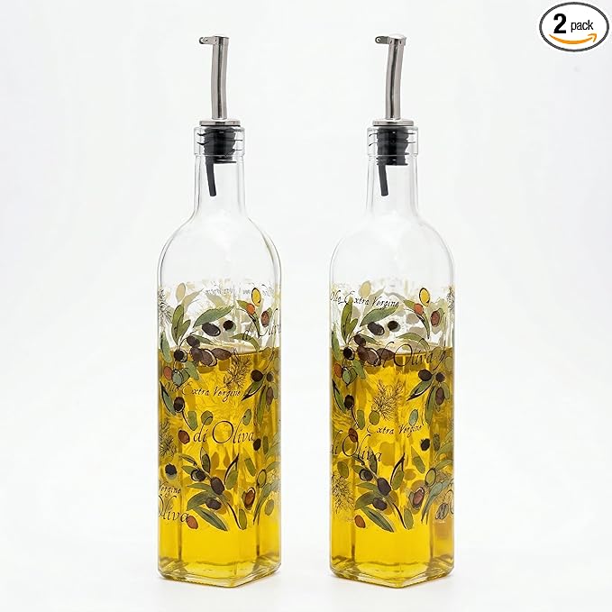 Topadorn 17 oz Olive Oil Dispenser Bottle Set for Kitchen, 2 Pcs Glass Oil Dispenser Bottle with Stainless Steel Pourers, 2 Packs of Napkins, Fruit
