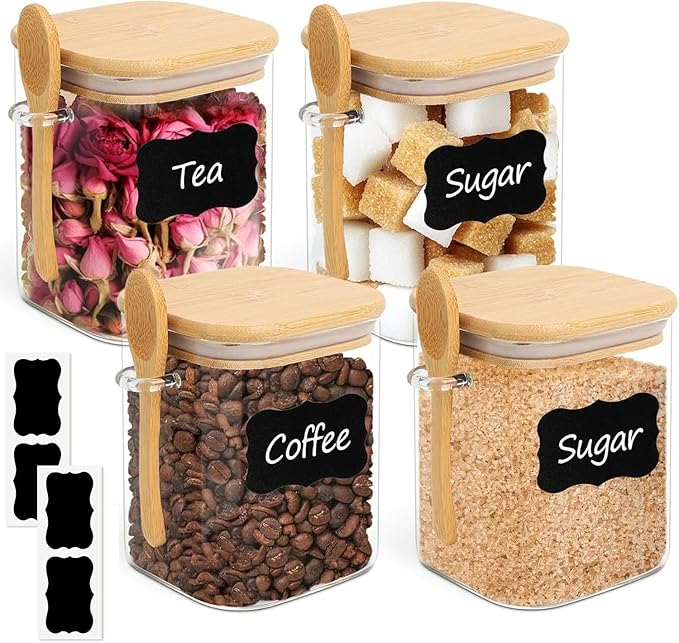 ComSaf 0.8 Qt Glass Jars with Bamboo Lids & Spoons Set of 4, Square Glass Containers with Lids, Sugar Coffee Containers Salt Spice Jars