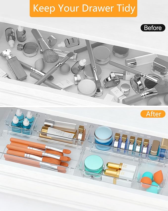 25 Pcs Clear Plastic Drawer Organizer Set, 4 Sizes Versatile Bathroom and Vanity Organizer Trays for Makeup, Non-Slip Desk Organizer for Bedroom, Office, Fits Jewelry and Office Supplies