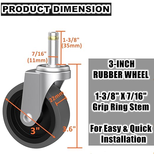 RILIDRI Replcament Casters for Brute Trash Bin Dolly Set of 5, 3-Inch Trash Can Dolly Replacement Wheels - 375LBs per Set