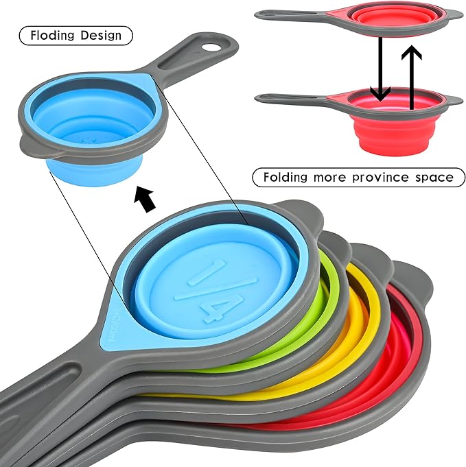 Measuring Cups and Spoons Set, Collapsible Silicone Measuring Cups and Spoons, 8 pieces Food Grade Silicone Measurement Cup for Liquid & Dry Measuring Baking & Travel Measuring Cup, Space Save