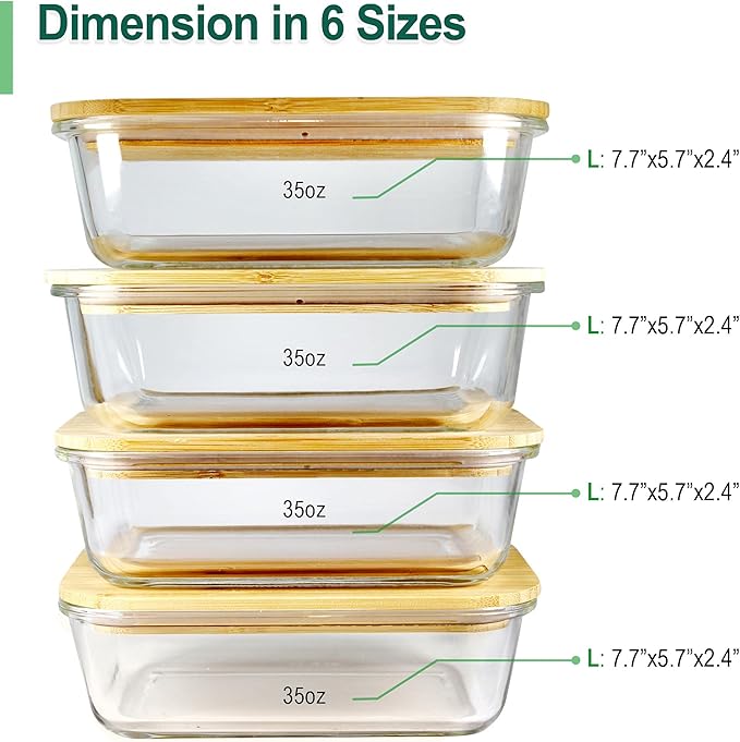 Urban Green Glass Containers with Bamboo Lids, Aitight Storage Container Set of 4, Meal Prep Food Container Set, Oven, Freezer, Microwave Safe, 35oz