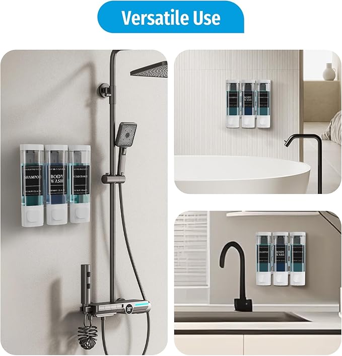 Shampoo and Conditioner Dispenser, Shower Shampoo Dispenser 3 Chamber No Drill, Shampoo and Conditioner Bottles for Bathroom Hotel Large Capacity(White)