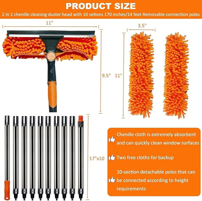 20+ Ft Window Washing Squeegee - 2 in 1 with 3-14 Ft Extension