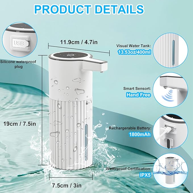 HOMELYLIFE Automatic Foam/Luquid Soap Dispenser, 13.53oz/400ml Touchless Dispenser w/ 4 Adjustable Levels, 1800mAh USB Rechargeable Smart Hand Free Dispenser for Bathroom,Kitchen,Office,Home (Foam)
