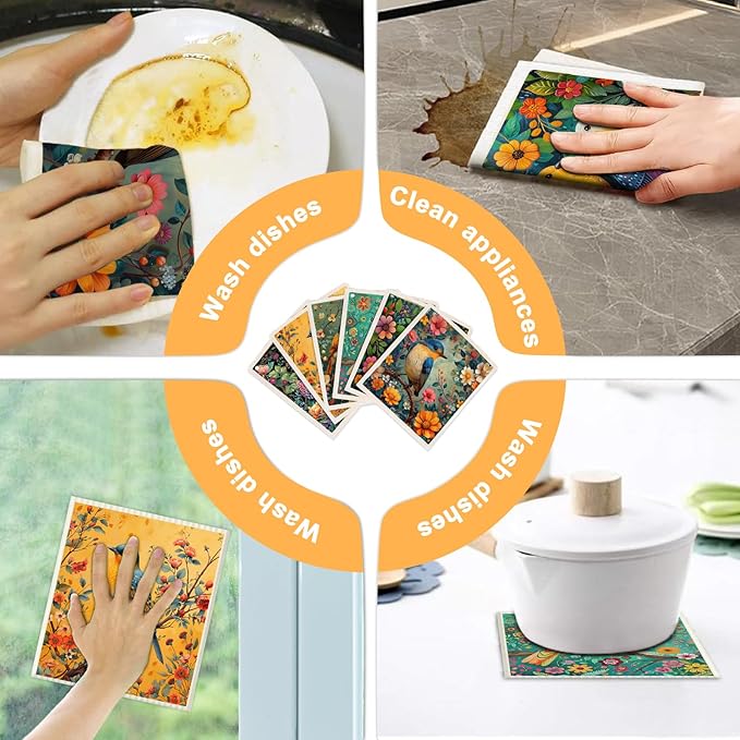 6 Pack Swedish Dishcloths for Kitchen - Reusable Dish Paper Towels Wash Cloths Washable,Absorbent Cellulose Cleaning Sponge Cloth Wipes Quick Dry, Decorative Tea Towels,No Odor Biodegradable(Bird)