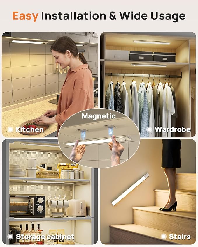16inch Under Cabinet Lighting with Remote, LED Motion Sensor Light Indoor, 4000mAh Rechargeable Closet Lights, 3 Color Temps Wireless Under Counter Lights for Kitchen, Pantry, Stair, 2 Pack