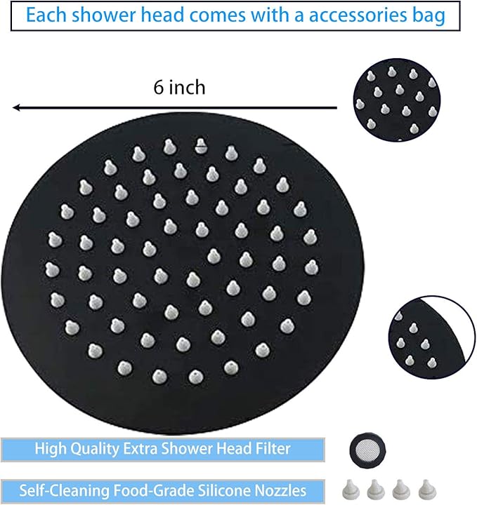 Black Shower Head GGStudy 6 inch Round Rain Shower Heads Stainless Steel High Pressure Ultra Thin Rainfall Bath Shower Self-cleaning Silicone Nozzle