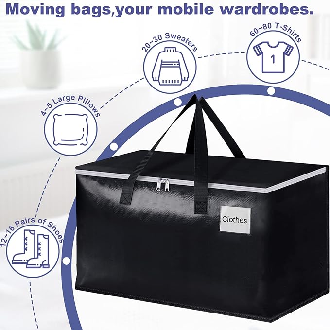 Heavy Duty Moving Boxes-Moving Bags with Zipper, Black-6 Pack