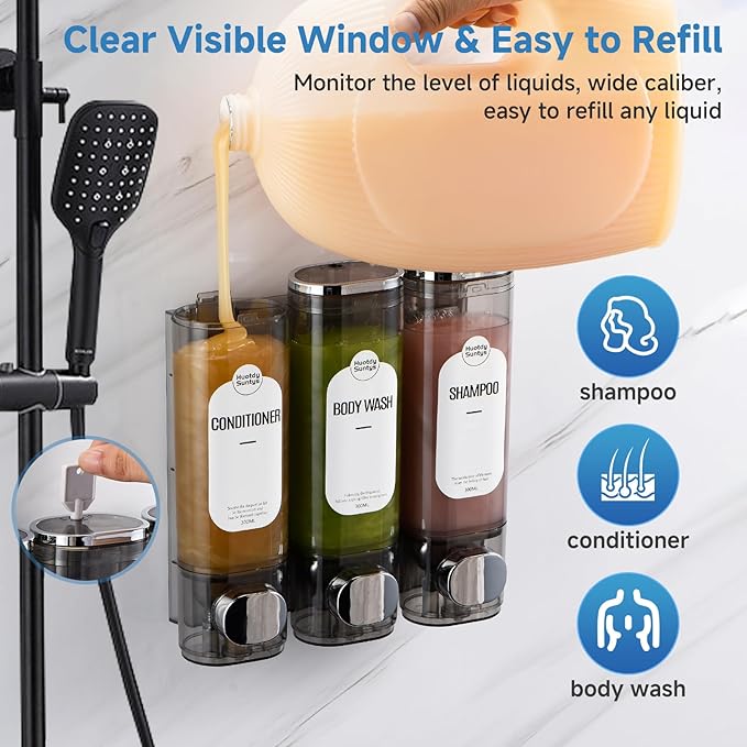 Shampoo and Conditioner Dispenser, Shower Soap Dispensers 3 Chamber No Drill Refillable Wall Mounted Shampoo Body Wash Dispenser for Shower 3 * 300 ml Container for Bathroom Hotel RV, Clear