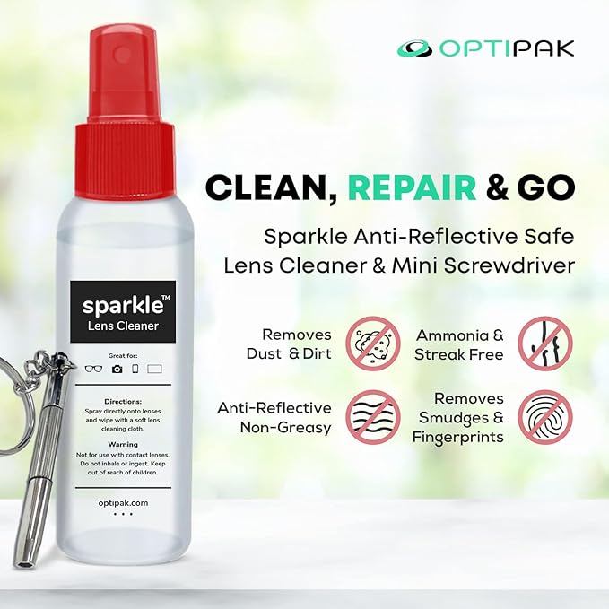 Sparkle Anti-Reflective Safe Lens Cleaner & Repair Kit – (2) 2oz Glasses Cleaner Spray, (2) Microfiber Cloth & Keychain Screwdriver for Eyeglasses, Sunglasses, Lenses & Screens (5 Piece Set)
