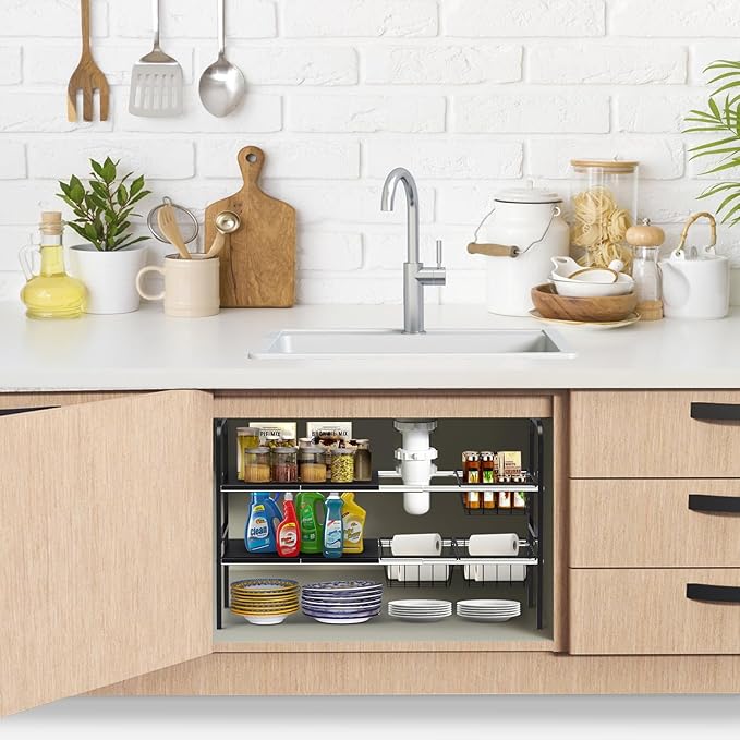 Expandable 2-Tier Under Sink Organizer, 2-Tier 4 Boards and 4 Baskets)