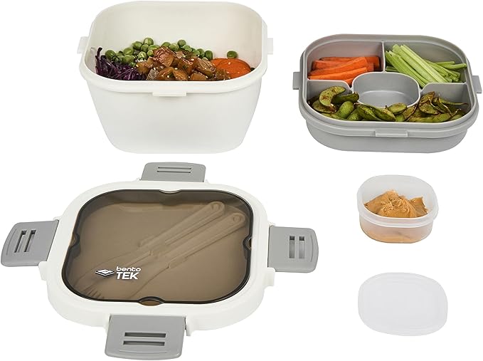 Restaurantware-Bento Tek 57.5 Ounce Bento Box, 1 Reusable Lunch Container - With Fork And Knife, Does Not Contain BPA, White And Gray Plastic Reusable Lunch Box, Microwavable, Dishwashable