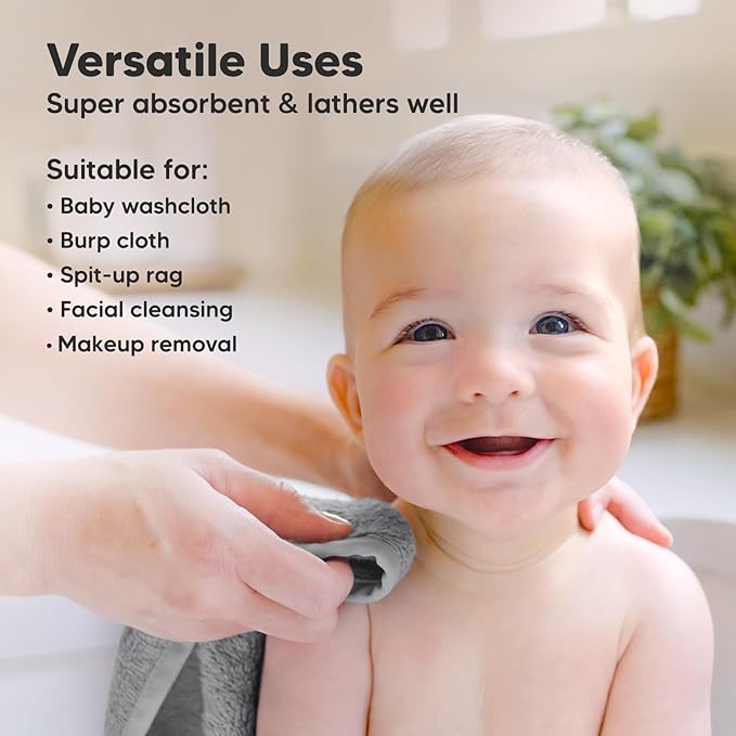 6-Pack Baby Washcloths – Soft Absorbent Viscose from Bamboo Washcloths for Face, Body, Baby Towels for Newborn, Kids, Toddlers, Infant, Gentle on Sensitive Skin, 10x10 Reusable Face Towels (Cool Gray)