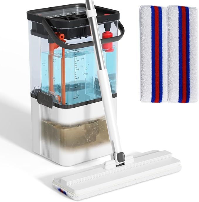 Mop and Bucket Set | Quick Cleaning Tool | Separate Dirty and Clean Water | 2 Machine Washable Microfiber Mop Pad | Mops for Floor Cleaning Safe on Wood Floors, Vinyl, Tile