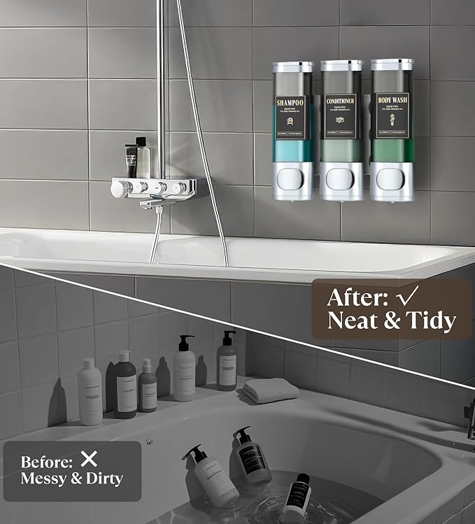 Luxspire Shampoo and Conditioner Dispenser, No Drill Wall Mounted Shower Soap Dispenser 3 Chamber with Waterproof Labels, Easy Refill Soap Dispenser for Bathroom Hotel Kitchen, Silver