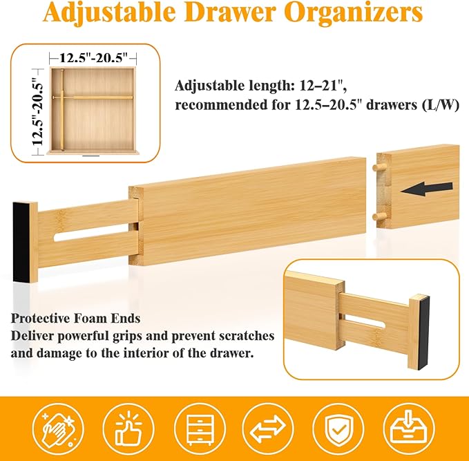 Bamboo Drawer Dividers, 12-21" Adjustable Drawer Organizers for Clothes, 5-Pack