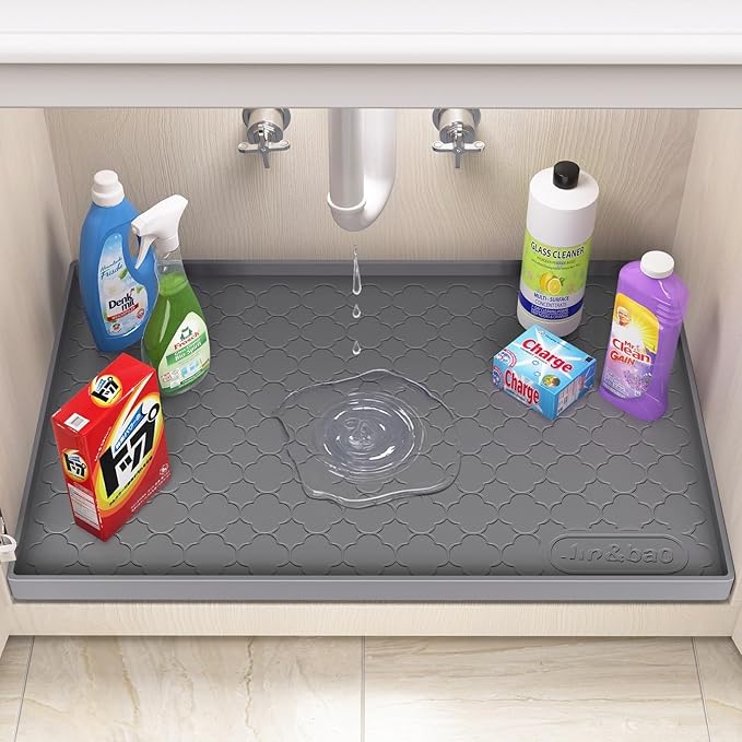 Jin&Bao Waterproof Under Sink Mat 28" x 22", Thick Silicone Mat Cabinet Protector for Kitchen and Bathroom, Shelf Liner, Home Organizer and Storage, Multipurpose Tray for Gadgets and Essentials